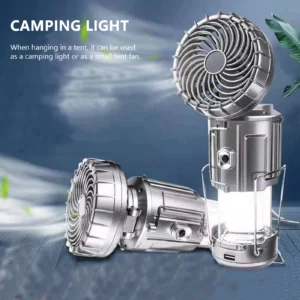 Portable solar camping light with fan and mobile phone charging